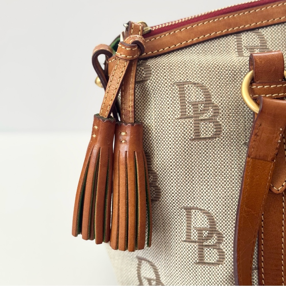 Dooney & Bourke DB Signature Canvas Satchel Brown Leather Tassel Red Lining - Picture 4 of 7